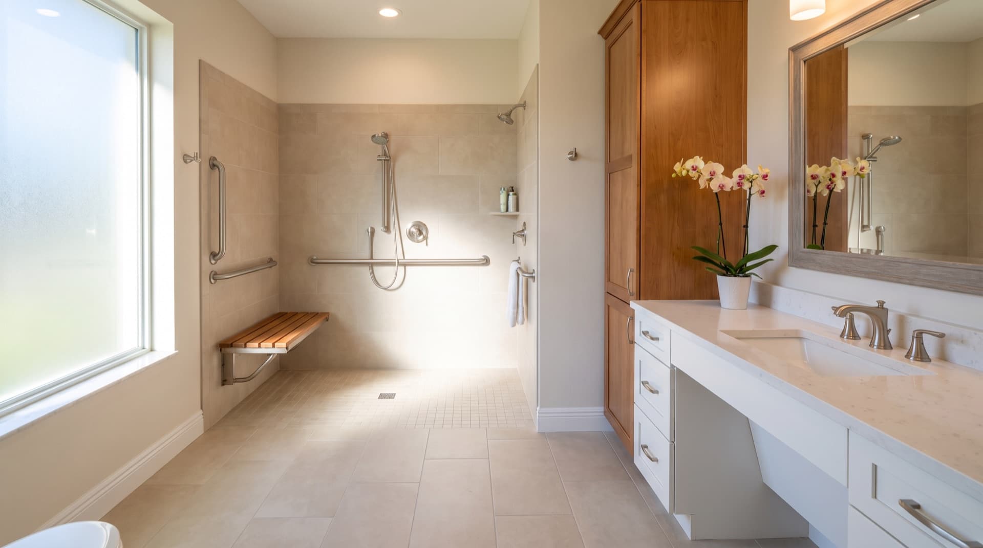 Accessible walk-in shower with grab bars and a bench seat